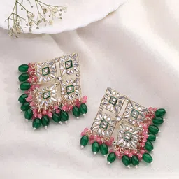 Priyaasi Gold-Plated Kundan Studded Beads Beaded Diamond Shaped Drop Earrings image 2