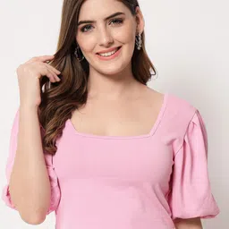 angloindu Pink Solid Short Sleeve Puffed Sleeve Crop Top-picture-36