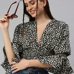 SHOWOFF Black & White Animal Print Crepe Blouson Crop Top image 1