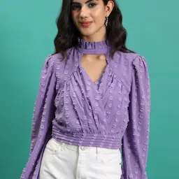 Tokyo Talkies Purple Self Design Mock Neck Puff Sleeves Pleated Blouson Crop Top-image-5