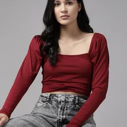The Roadster Lifestyle Co. Square Neck Puff Sleeves Crop Top-picture-12