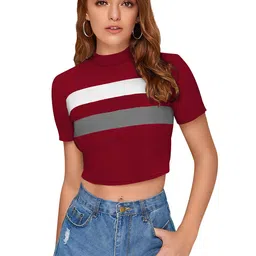 Sanwariya Silk Horizontal Striped High Neck Crop Fitted Top-picture-13