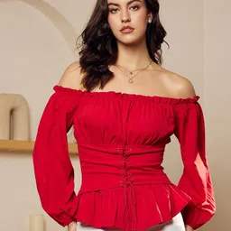 Berrylush Red Off-Shoulder Puff Sleeves Tie Ups Detail Bardot Crop Top-picture-29