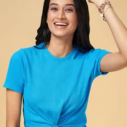 People Blue Twisted-Front Round Neck Cotton Crop Top image 1