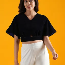 Globus Navy Blue V-Neck Kimono Sleeves Cut Out Detailed Crop Top image 1