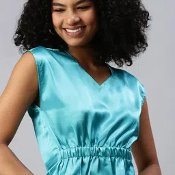 SHOWOFF Women Turquoise Blue Sweetheart Neck Cinched Waist Crop Top-picture-35