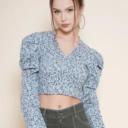 VESTIDO MODAS Floral Printed Puffed Sleeves Fitted Crop Top-image-35
