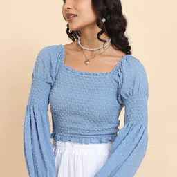 Tokyo Talkies Blue Self Design Dobby Puff Sleeve Smocked Crop Top image 1