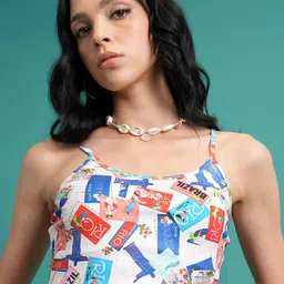 Tokyo Talkies Off White & Orange Graphic Printed Shoulder Strap Fitted Crop Top image 1