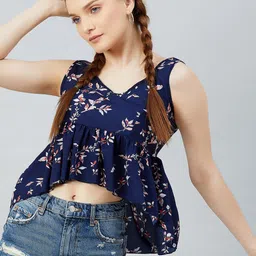 CHIMPAAANZEE Navy Blue Floral Print Tank Crop Top-picture-12