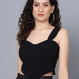 ANVI Be Yourself Black Shoulder Straps Smocking Fitted Crop Top-image-0