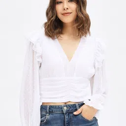 Harpa Self Design Puff Sleeve Ruffle Georgette Empire Crop Top-picture-18