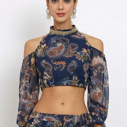 studio rasa Floral Print Cold-Shoulder Georgette Crop Top-picture-14