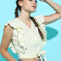 Tokyo Talkies Yellow Striped Wrap Cotton Crop Top-picture-26