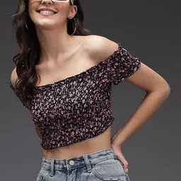 TANDUL Floral Printed Off-Shoulder Smocked Bardot Crop Top-picture-35