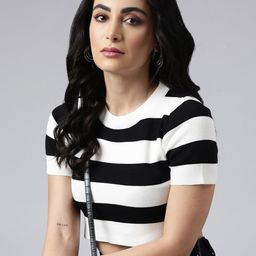 SHOWOFF Horizontal Stripes Round Neck Short Sleeves Fitted Crop Top-picture-47