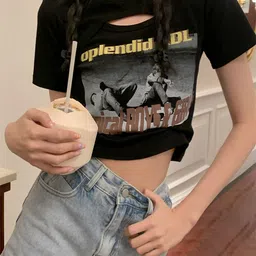 LULU & SKY Typography Printed Cut Out Detail Crop Top image 3