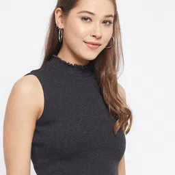 LE BOURGEOIS High Neck Sleeveless Ribbed Cotton Fitted Crop Top image 3