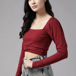 The Roadster Lifestyle Co. Square Neck Puff Sleeves Crop Top image 5