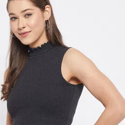 LE BOURGEOIS High Neck Sleeveless Ribbed Cotton Fitted Crop Top image 4