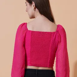 U&F Self Design Sweetheart Neck Puff Sleeves Smocking Georgette Crop Top image 2