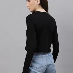 Rigo Black Round Neck Long Sleeves Crop Fitted Top With Thumbholes image 3