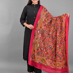 Apratim Women Red & Green Embroidered Cotton Blend Dupatta with Mirror Work-image-17
