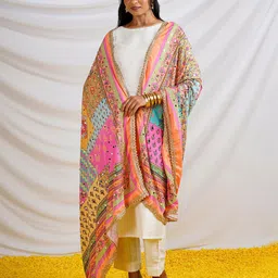 TEEJH Ethnic Motifs Printed Mirror Work Crepe Dupatta image 5