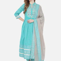 Prakhya Women Blue Pure Cotton Kurta with Trousers & With Dupatta image 1