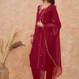 Sangria Maroon Floral Embroidered Straight Kurta With Trousers & Dupatta image 5