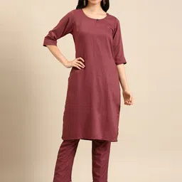SHOWOFF Women Mauve Self Design Chanderi Cotton Kurta With Trouser image 2