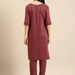 SHOWOFF Women Mauve Self Design Chanderi Cotton Kurta With Trouser image 4