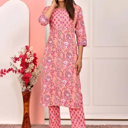 PARCHHAI Floral Printed Regular Pure Cotton Kurta With Trousers image 4