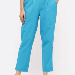Jaipur Kurti Women Turquoise Blue Regular Fit Solid Regular Trousers-picture-21