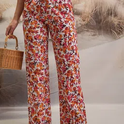 Tokyo Talkies White Women Floral Printed Flared Cotton Trousers-picture-12