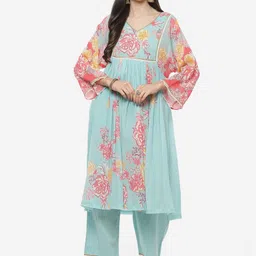 Biba Women Blue Floral Printed Empire Pure Cotton Kurta with Trousers-image-77