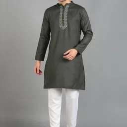 HERE&NOW Charcoal Floral Embroidered Regular Straight Kurta with Trousers-picture-21