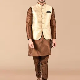 PRINTCULTR Mandarin Collar Pure Silk Straight Kurta With Pyjamas & Nehru Jacket-picture-32