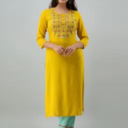 KIMAYRA Women Mustard Yellow Embroidered Pleated Kurti with Trousers & With Dupatta-picture-38