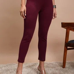 Vishudh Women Maroon Cropped Winter Cigarette Trousers image 4