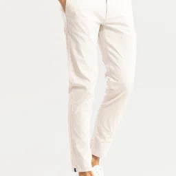Snitch Men Cream Coloured Smart Slim Fit Cotton Chinos Trousers image 4