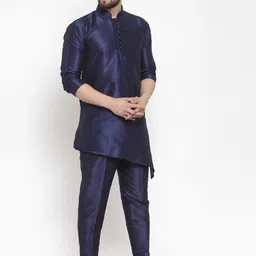 Kaifoo Men Navy Blue Layered Dupion Silk Kurta with Trousers image 3