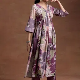 Libas V Neck Flared Sleeves Floral Printed Pleated A Line Kurta with Trouser image 2