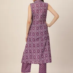 HERE&NOW Purple & White Ethnic Motifs Printed Regular Kurta With Trousers image 2