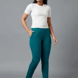 elleven Women Teal Green Solid Regular Fit Trousers image 5