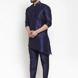 Kaifoo Men Navy Blue Layered Dupion Silk Kurta with Trousers image 4
