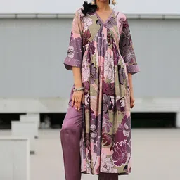 Libas V Neck Flared Sleeves Floral Printed Pleated A Line Kurta with Trouser image 1