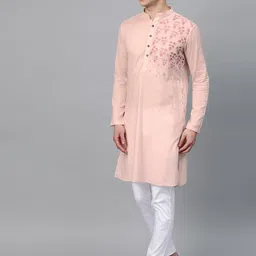 See Designs Men Peach Floral Yoke Design Thread Work Pure Cotton Kurta with Pyjamas image 5