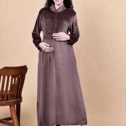 Secret Wish Brown Solid Velvet Winter Maternity Nighty-picture-36