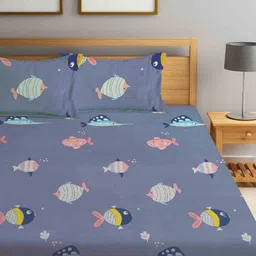 klotthe Grey Fish Print 210 TC Poly Cotton Double Size Bedsheet With 2 Pillow Covers image 2